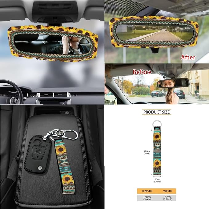 Wanyint Aztec Sunflower Blue Car Seat Cover Set 15 PCS, with Steering Wheel Cover Seat Belt Cushion Pad Garbage Bag Air Vent Pocket Rearview Mirror Cover Coasters Keychain for SUV Trucks Vans Sedans