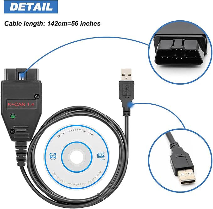 K CAN Commander V1.4 OBD2 to USB Cable,OBD Diagnostic Code Reader | Suitable for V-AG/Vvv/Audi/Skoda/SEAT/Nissan Vehicles,Fits k+can Commander 1.4 and V-WTOOL ECU Programming Software Scan Tool