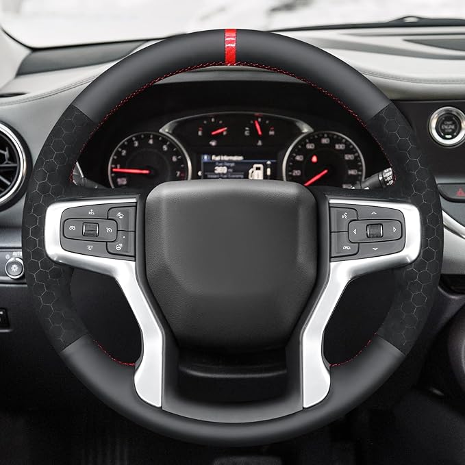 MEWANT Stitching Real Leather Hive Embossed Athsuede Steering Wheel Cover for Chevy Silverado 1500 Blazer Suburban Tahoe