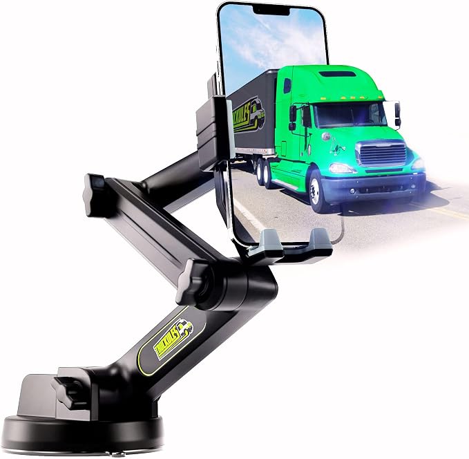 Cell Phone Mount for Truck Phone Holder for Truck Drivers - Heavy Duty Suction Cup, iPhone Holder for Dashboard Window 16.9 inch Long, for iPhone & Samsung, Semi Trucker, Gray