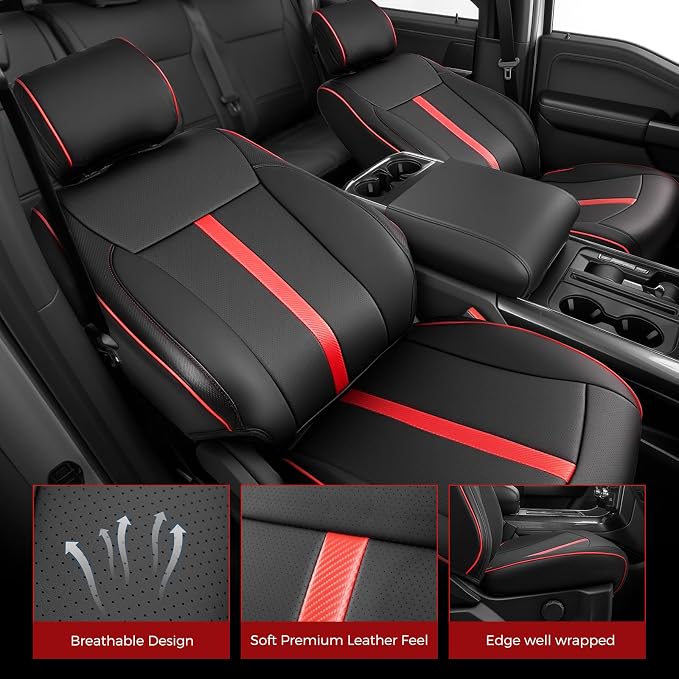 Faux Leather Front Seat Covers for Ford F150 2015–2025 2026 (XL, XLT, Not Regular Cab), Exact Fit 1st Row Bucket Seat Protectors,Truck Interior Accessories for F-150 Black/Red