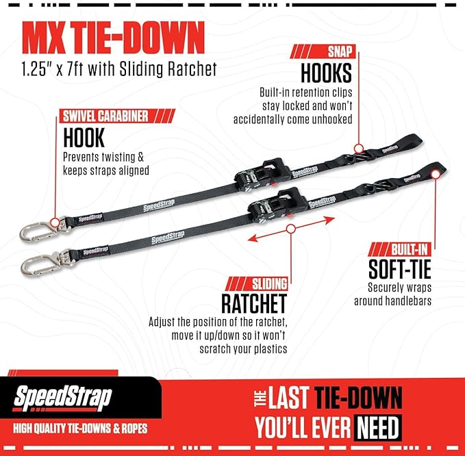 SpeedStrap Motorcycle Tie-Downs with Adjustable Sliding Ratchet (2-Pack) 1.25 Inch x 7 Feet (3,000lb MRC) - Moto Tie Down Straps with Swivel Carabiner, Built-in Soft Ties & Safety S-Hooks - Black