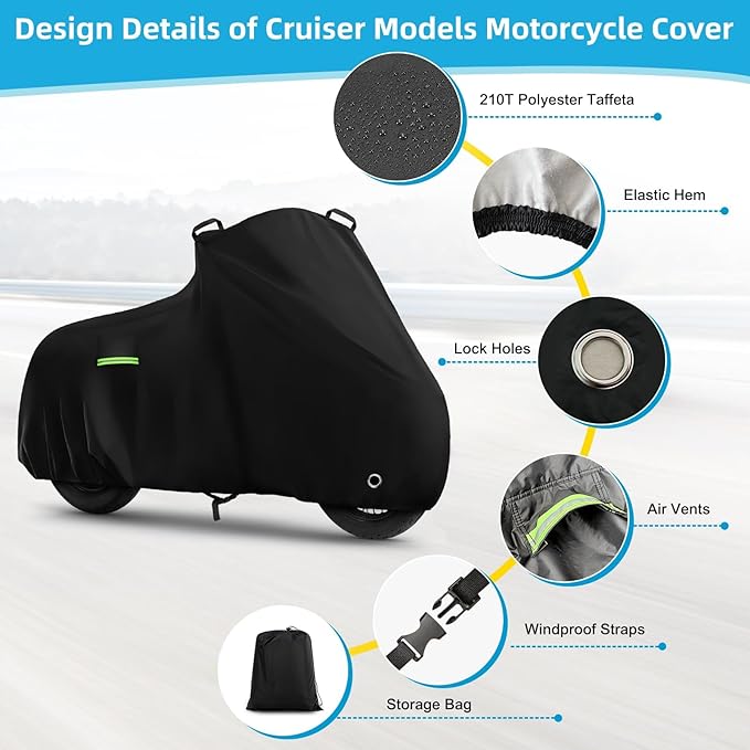 Motorcycle Cover Waterproof for Cruiser Models/Softail Standard/Iron 883/Heritage Classic 114/Fat Boy 114, All Weather Sun Rain Outdoor Protection Motorbike Cover with Soft Cotton Lining & Storage Bag