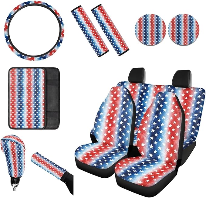 Wanyint Car Accessories 12 PCS, with Car Seat Covers Steering Wheel Seat Belt Pad Armrest Handbrake Gear Shift Cover Coasters Universal 4th of July Auto Interior Decor, Star Stripe US Flag