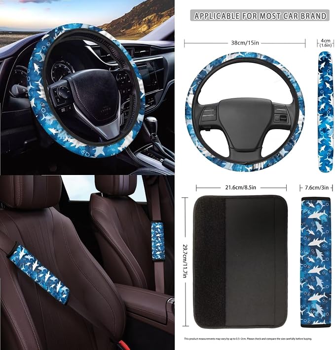 Shark Print Car Seat Cover Cute Full Set 15Pcs Car Accessories Universal Steering Wheel Cover Safety Belt Pads Rear View Mirror Protector Garbage Bag for Truck Sedan SUV Van