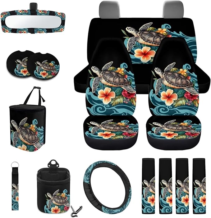 Sea Turtle Plumeria Pattern Auto Interior with Full Set Car Seat Covers Steering Wheel Cover Keychain Trash Can Seat Belt Covers Air Vent Storage Pocket Cup Holders Mirror Covers