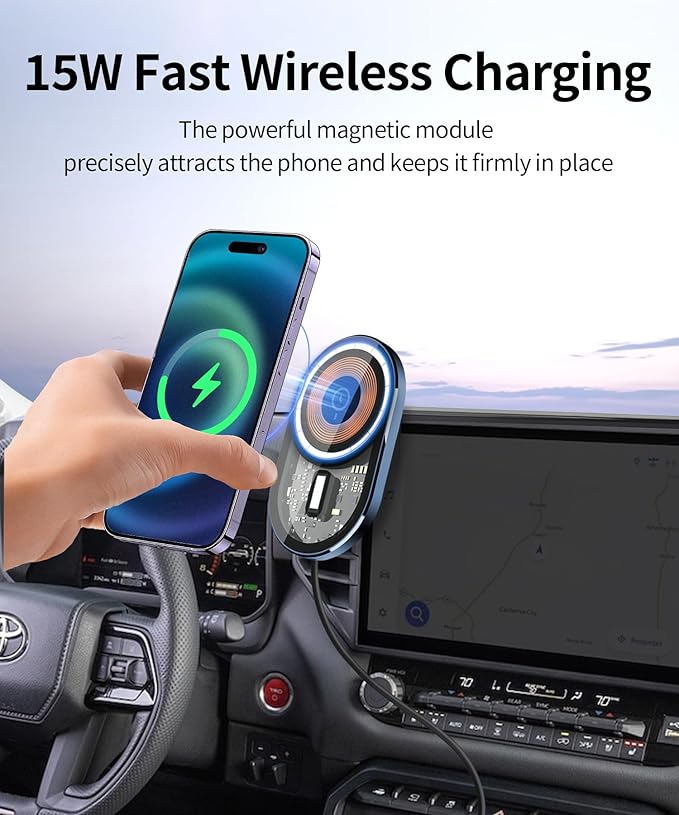Wireless Charging Car Phone Holder for Toyota Tundra 2022-2026 / Sequoia 2023-2026, 14" Screen Fixed Clip, 360° Rotation Car Phone Mount Compatible with MagSafe