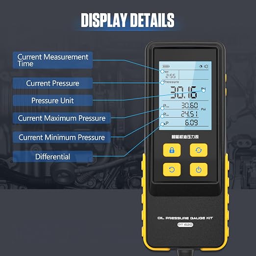 Oil Pressure Tester Kit, Intelligent Digital Backlit Display Screen with 17 Connectors, Test Hose 0-426PSI Automotive Engine Oil Pressure Gauge Tester Tool, 3 Units Switching, Data Holdinc & Zeroing