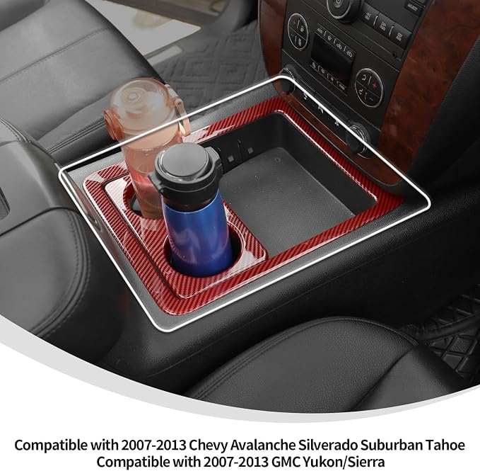 Linskip Non-Covered Center Console Cup Holder Trim Compatible with 2007-2013 Chevy Avalanche Silverado Suburban Tahoe & GMC Yukon/Sierra, Cup Holder Trim, Interior Accessories Red Carbon Fiber