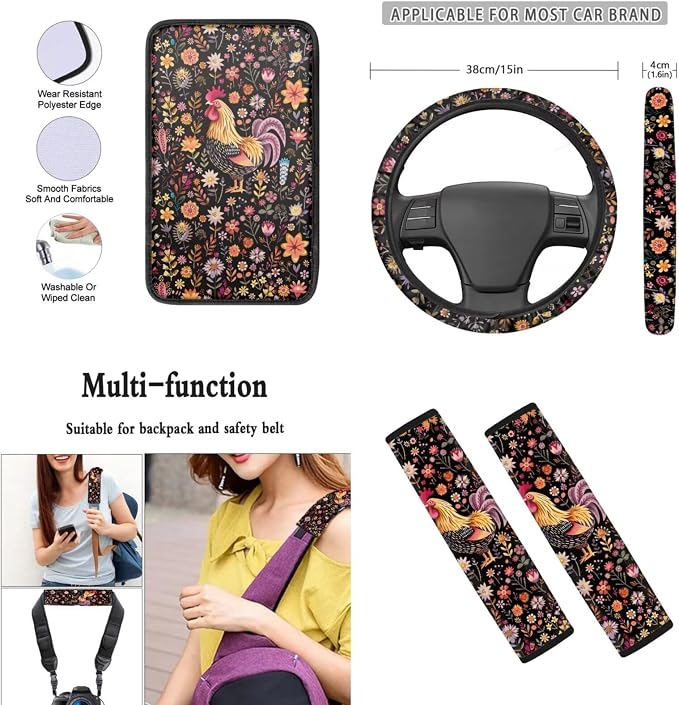 Mumeson Floral Rooster Car Front Seat & Rear Bench Covers Set + Steering Wheel Cover + Seat Belt Shoulder Pads + Armrest Cushion for Car 8 Pack Car Accessories Decor