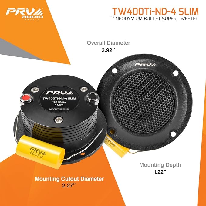 PRV Audio Bullet Super Tweeters Neodymium, 3 Inch PRV Tweeter Black TW400Ti-Nd-4 Slim 240 Watts 4 Ohm, Easy to Mount, 3 Inch Speaker Replacement (2 Tweeters)