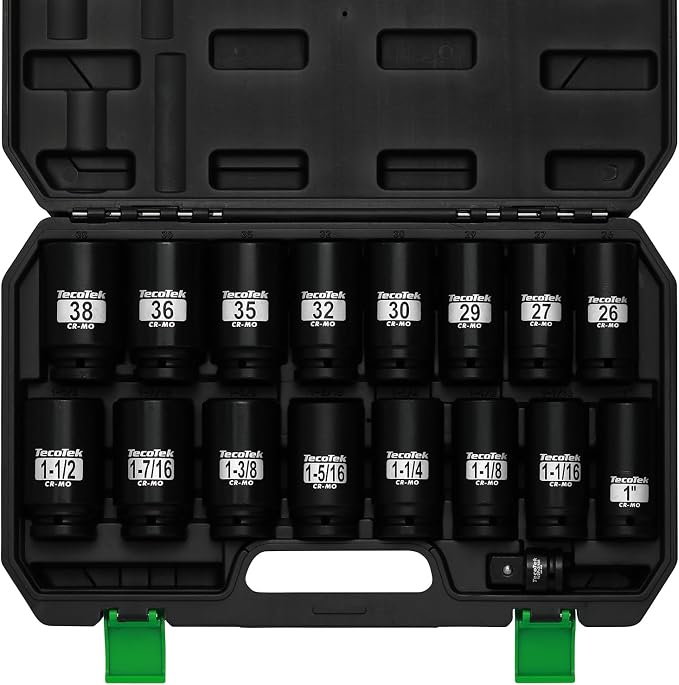 TecoTek 3/4" Drive Deep 6-Point Impact Socket Set, 17-Piece Jumbo Assortment, Cr-Mo, SAE (1-Inch to 1-1/2-Inch) and Metric (26mm to 38mm), 1/2" F to 3/4" M Impact Socket Adapter