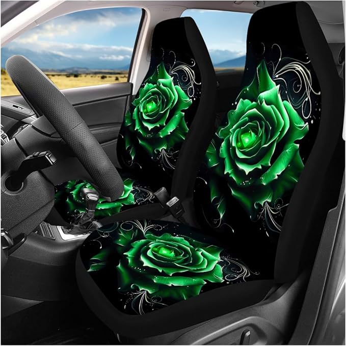 Ystardream Green Rose Car Seat Covers Full Set Washable for Car for Women Accessories with Steering Wheel Cover+Seat Belt Cover/Coasters+ Keychain,Universal Full Set 11-pcs