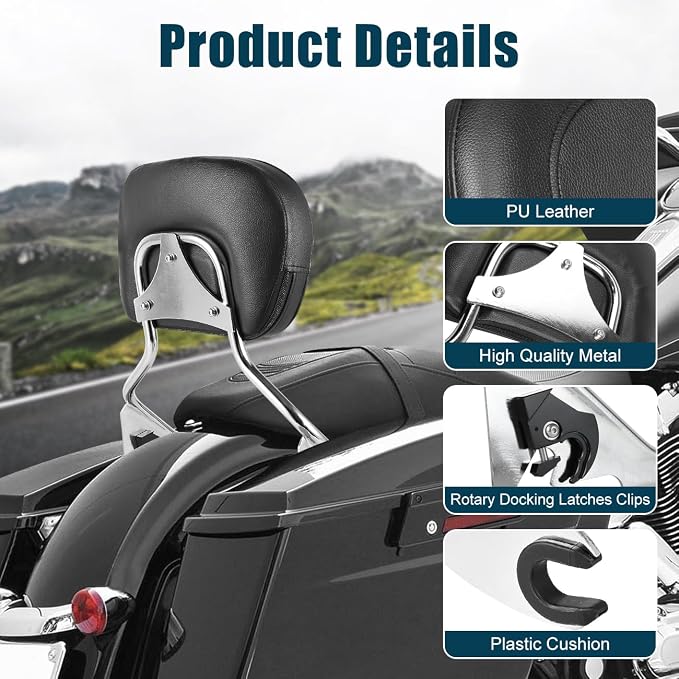 Detachable Passenger Sissy Bar Backrest Compatible with for Harley Touring Road King Electra Glide Road Glide Street Glide FLHR FLHX FLHT FLTR 2009-2025,Chrome Rear Sissy Bar with Pad