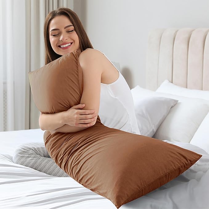 WhatsBedding Memory Foam Body Pillow with Breathable Zippered Cotton Cover, Full Body Pillow for Adults, Long Pillow for Sleeping, Firm Breathable Fluffy Supportive-Mocha Brown