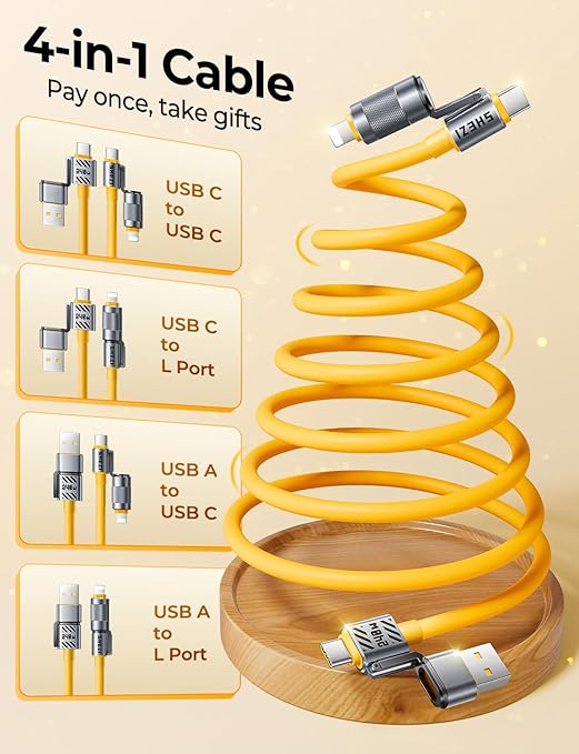 Coiled Cable 4-in-1 USB C Cable 240W Compatible with Lightning Cable Fast Charging & Data Transfer, Support to CarPlay & Android Auto, 5FT Multi Cord Combo Charger for iPhone/iPad