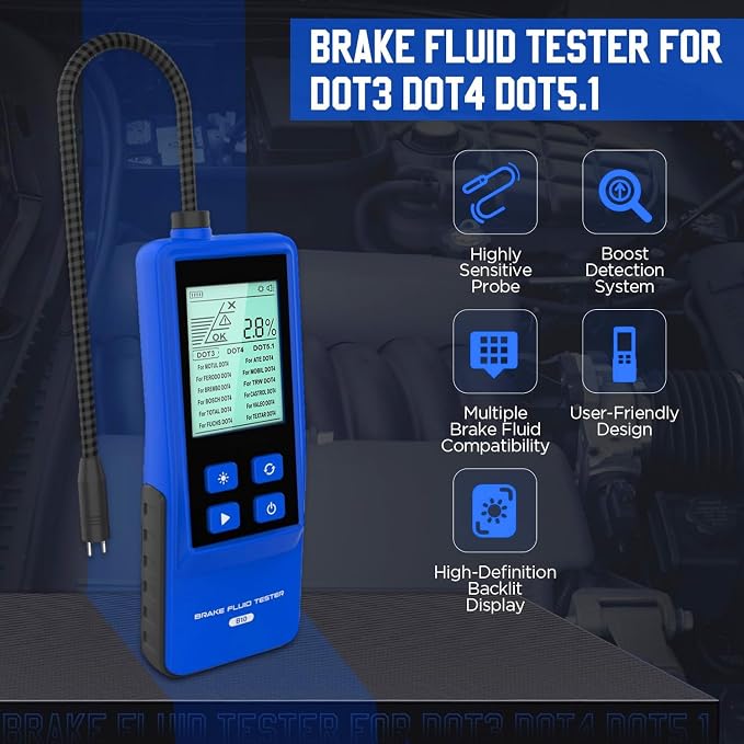 Brake Fluid Tester Automotive Digital Brake Fluid Detector Moisture Detector for DOT3 DOT4 DOT5.1, Car Brake Fluid Boiling Point Meter with 2.8" Display Audible Alarm High Precision Probe (T10)
