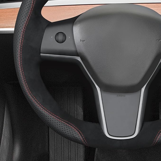 MEWANT Hand Stitch Steering Wheel Cover for Tesla Model Y 2023 Tesla Model 3 2023 Real Leather Athsuede Steering Wrap
