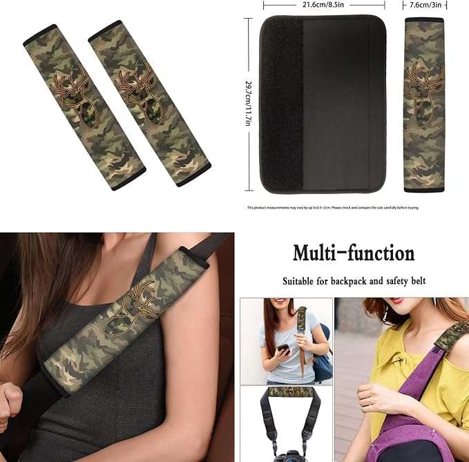Howilath Camo Deer Print Car Seat Cushion Cover with Steering Wheel Protector/Seat Belt Cushion/Keychains/Cup Coasters Universal Fit Interior Accessories Fit Most Vehicle - 13 Piece