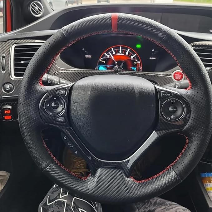 Loncky Carbon Fiber Black Genuine Leather Steering Wheel Cover for Honda Civic 9 Civic 2012 2013 2014 2015 Hand Stitched Custom Fit Car OEM Parts Interior Accessories