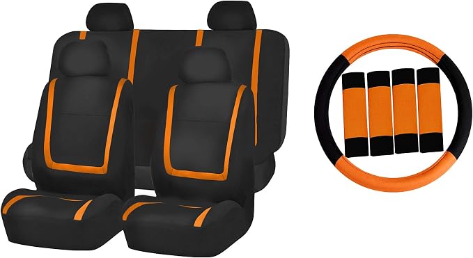 FH Group Automotive Seat Covers Unique Flat Cloth Orange Full Set, Combo Steering Wheel Cover and Seat Belt Pads Rear Solid Bench Universal Fit for Vans Cars Trucks and SUV Interior Accessories