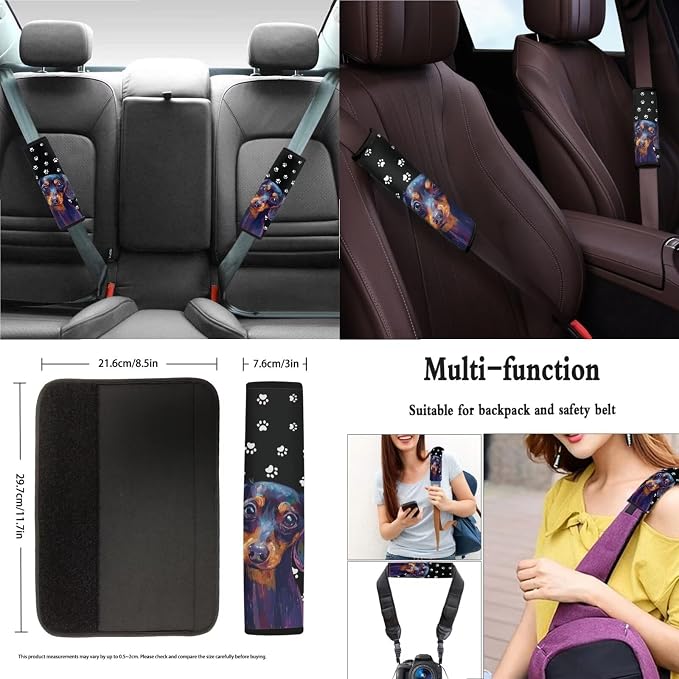 Xoenoiee Dachshund Dog and Paw Print Front Rear Seat Cover for Car SUV Interior Accessories Set with Steering Wheel Cover, Seat Belt Cover, Auto Coasters, Key Chains, 11 Pcs