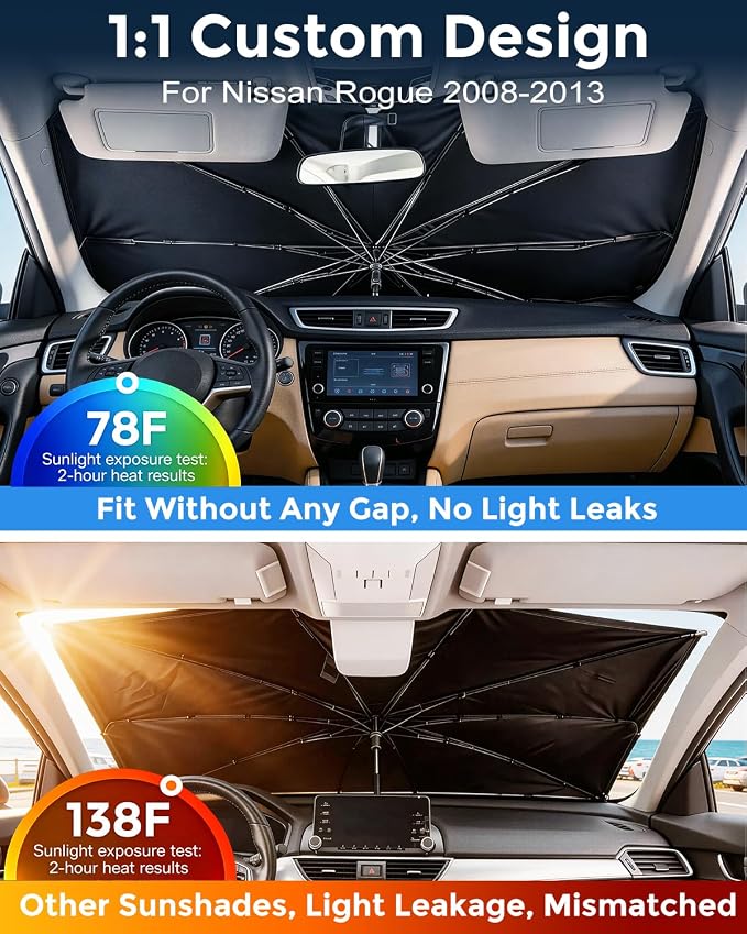 Weektic Custom Windshield Sun Shade Umbrella for Nissan Rogue 2008-2013, [Double Thickened Ice Crystal Coating] Sun & Heat Protection, Keep Vehicle Cool & Protect Interior