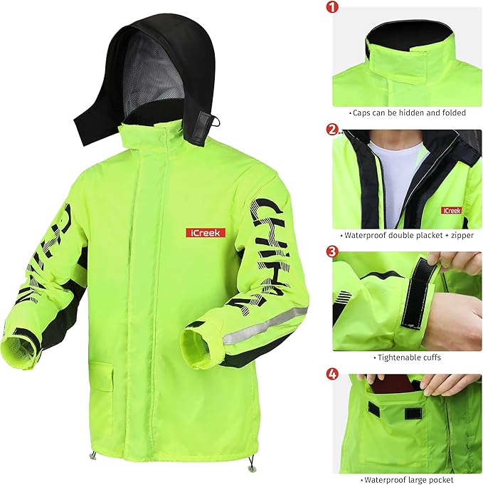 iCreek Motorcycle Rain Suit for Men and Women Waterproof Rain Gear Resistant Raincoat Outdoor Fashion with Hood