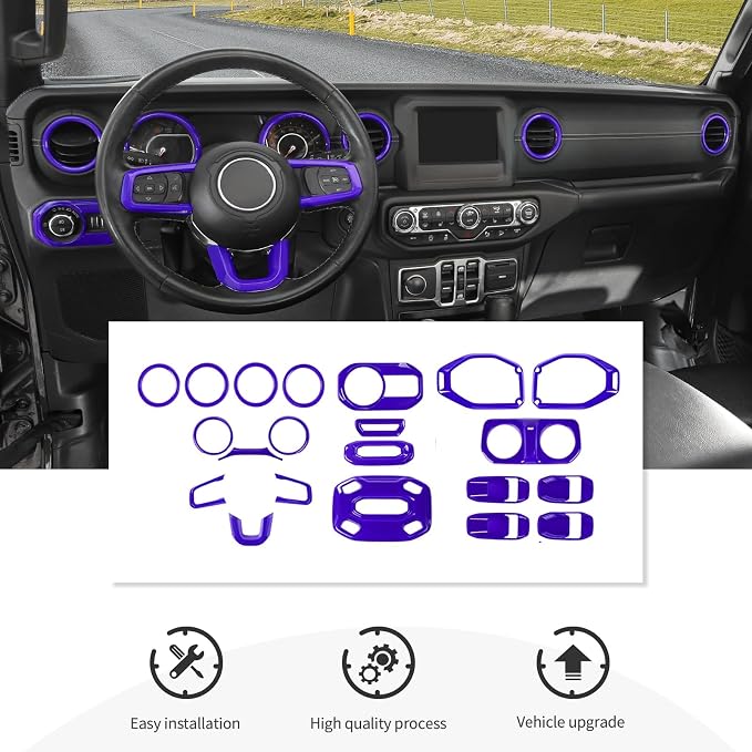 21PCS Purple Interior Trim Kits Fit for 2018-2023 Jeep Wrangler JL JLU & Gladiator JT 4Door Interior Decor Accessories Dashboard AC Headlight Switch Roof Speaker Inner Door Bowl Steering Button Frame