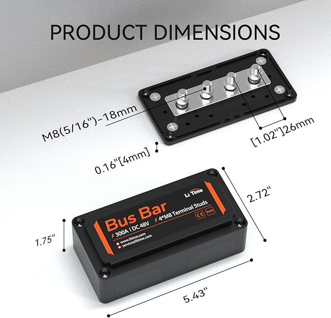 Litime 300A Power Distribution Block, Bus Bar with 4*M8 Terminal Posts, Max. DC 48V for Automotive, Marine, Solar Applications and Electrical System, Black