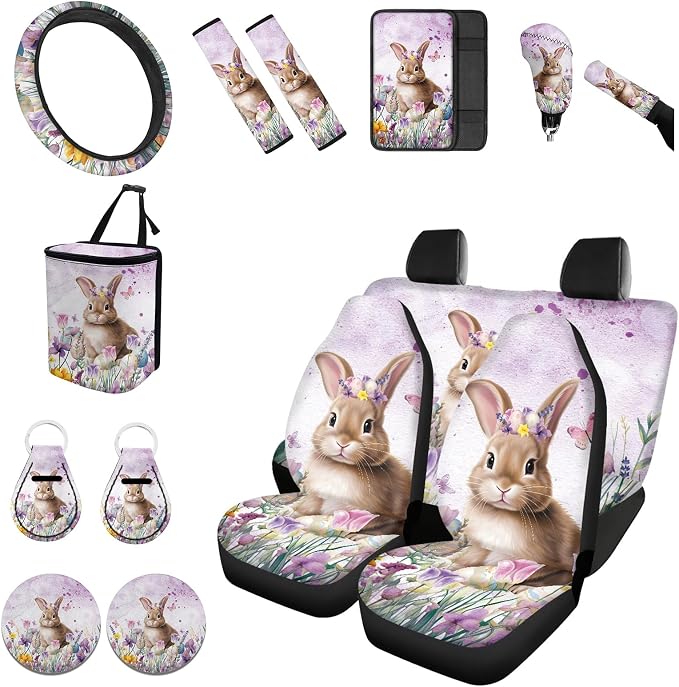 Forchrinse Rabbit Flower Car Seat Covers for Women 15Pcs Auto Interior Set with Steering Wheel Cover,Armrest Seatbelt Pads,Car Garbage Can,Coaster,Handbrake Gearshift Cover Fit SUVs Trucks