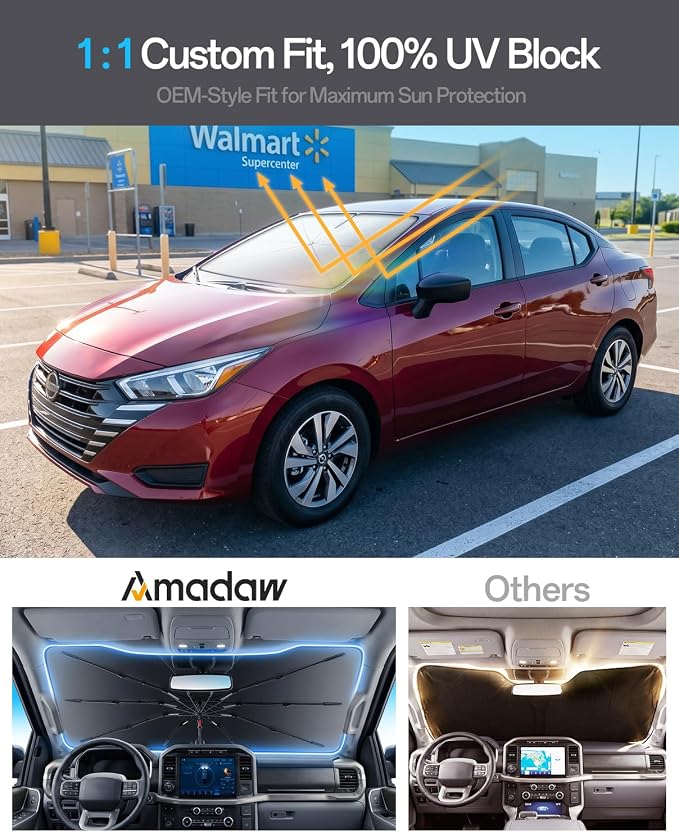 Windshield Sun Shade for Nissan Versa 2007–2026, Foldable Umbrella Sunshade with 100% UV Block, Multi-Layer Heat Insulation, Reinforced 10-Rib Frame, Keeps Car Cooler, Summer Car Accessory