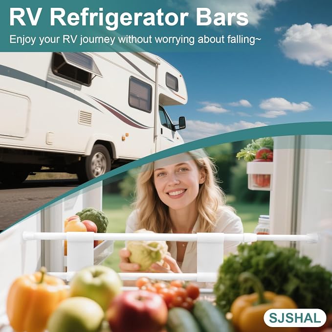 4 Sets Double RV Refrigerator Bars,RV Tension Rods with Adjustable Length 15.7-28.7 Inches,Non-Slip RV Refrigerator Bars for Camper Refrigerator,Kitchen,Closet, Bookshelf,Cupboard-White