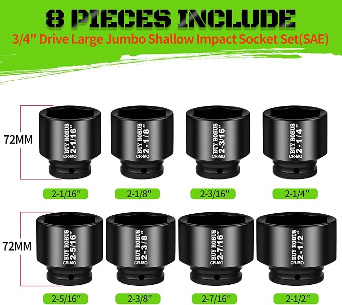 3/4 Drive Stubby Impact Socket Set, 8 PCS Axle Nut Set 12point SAE Standard Sizes 2-1/16, 2-1/8, 2-3/16, 2-1/4, 2-5/16, 2-3/8, 2-7/16, 2-1/2, Heavy Duty Use In Removing And Installing Axle Nuts