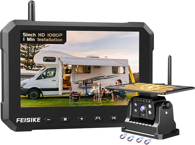 Magnetic Solar Wireless Backup Camera for Truck, 5 Inch No-Drill Installation RV Backup Camera, 1080P Rear View Camera 150° Wide Angle, 24hrs Battery Life, 2.4GHz Signal, Night Vision, RVs, Trailers