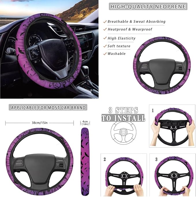 Car Seat Covers Front and Back Full Set with Steering Wheel Cover Armrest Cushion Safety Belt Pads Inside Rearview Mirror Cover Gear Shift Lever + Handbrake Protectors, Purple