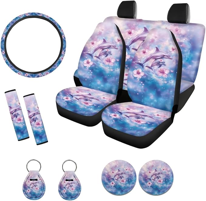 Suobstales Dolphin Hibiscus Print Car Seat Covers Front Back Split Bench Protector for SUV Truck Van, 15 Inch Steering Wheel Covers, Seat Belt Covers, Coasters, Keychain Auto Decor for Women Men