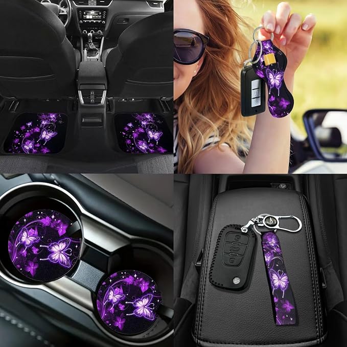 Neon Butterfly Car Accessories Set Full Sets 17 Pack Purple Butterfly Car Seat Covers with Front and Split Rear Bench,Seat Belt Cover Pad,Auto Front Rear Foot Carpet All Weather,Universal Fit