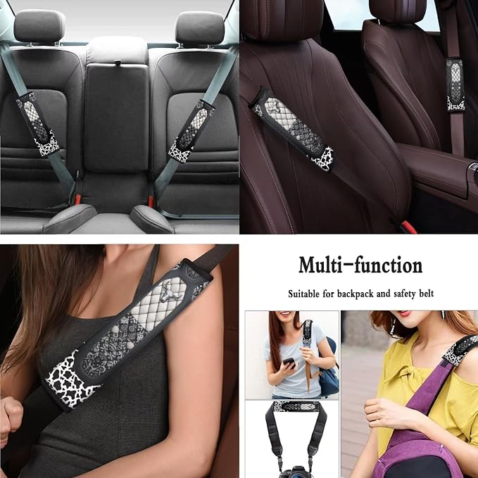 Highland Cattle Print Car Seat Covers Cow Print Steering Wheel Cover Non Slip Seatbelt Covers Set of 4, Universal Auto Seat Protector for Most Vehicles, Black
