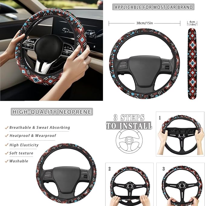 Geometric Tribal Aztec Car Accessories Car Seats Cover Protector, Steering Wheel Covers, Seatbelt Cover, Car Trash Can, Cup Coasters, Rearview Mirror Cover, Keychains, Pack of 15