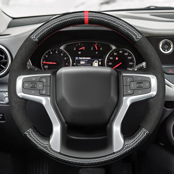 MEWANT DIY Black Shiny PU Carbon Fiber Embossed Suede Steering Wheel Wrap for Chevy Silverado Blazer 1500 Silverado 2500