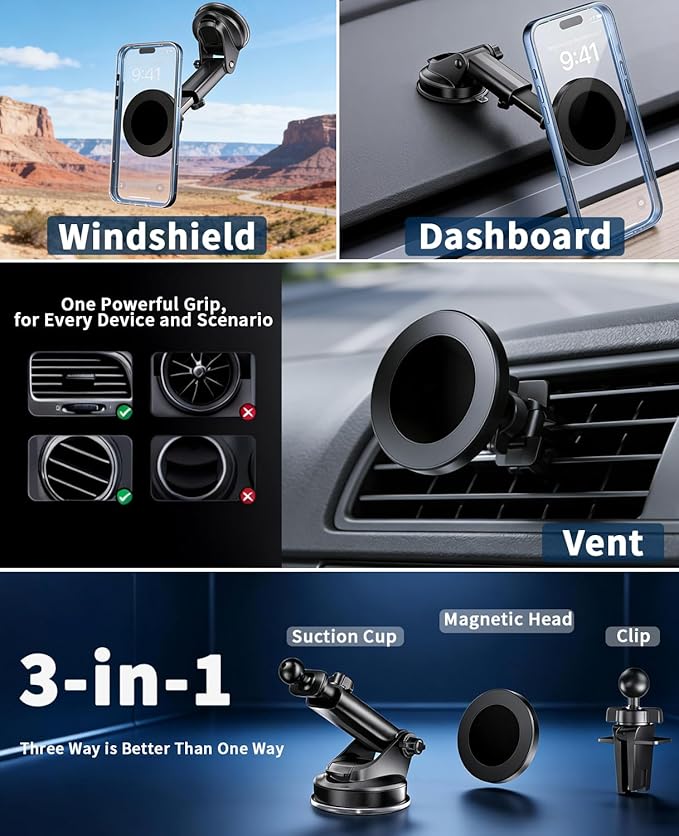 RayLink for Military-Grade Car Phone Mount【122+lbs Hold & Auto-Snap】 for MagSafe【2-in-1 Mount Included】 Magnetic Phone Holder for Car Truck Universal