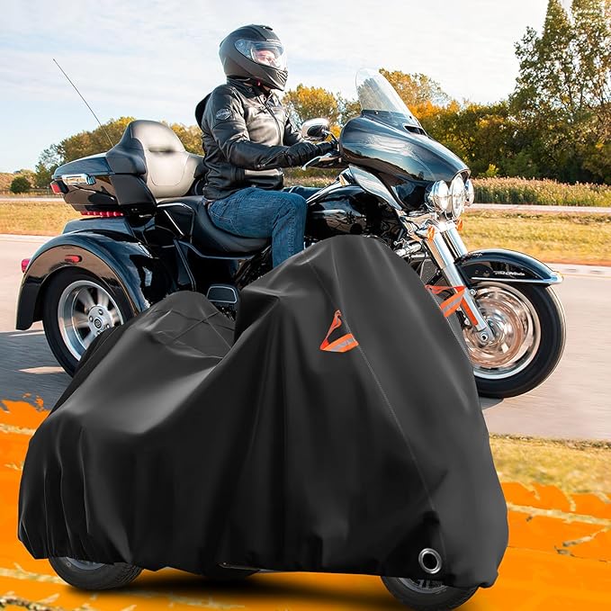 Trike Cover for Harley-Davidson Honda Gold Wing Kawasaki 3 Wheeler Motorcycle Outdoor Waterproof Storage Cover with Antenna Opening Windproof Buckle (Black)