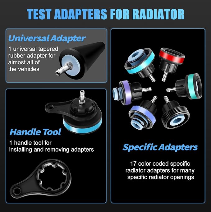 JIFETOR Radiator Coolant Pressure Tester Vacuum Refill Tool Kit, 28PCS Automotive Cooling System Leak Test and Pneumatic Purge Fill Set with Testing Adapter Caps Universal for Airlift Car Auto Truck
