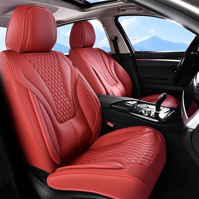 Coverado Waterproof Nappa Leather Car Seat Covers Full Set, Red 5-Seat Car Seat Protector, Front & Rear Cushions Fit for Most Sedans, SUVs, Pick-up Trucks