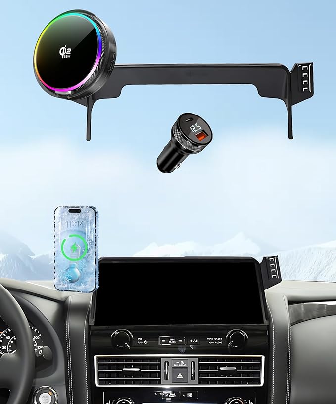 Qi2.2 25W Magnetic Car Mount Charger for Nissan Armada 2021 2022 2023 2024 Accessories, for Fast Charging Cell Phone Holder 12.3 Inch Screen Fixed Clip with Cooling Fan＆54W Fast Adapter