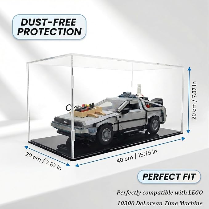 Acrylic Display Case for Lego 10300 Back to The Future Time Machine, 15.7" x 7.9" x 7.9" Dustproof Showcase, 3mm Thick Crystal Clear Box with Tool-Free Assembly for Collectibles, Figures & Models