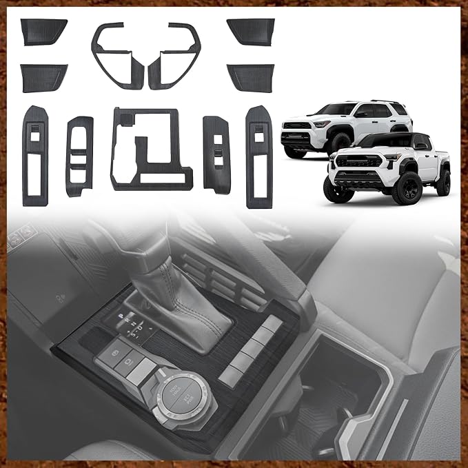 Muslogy Interior Trim Kit Cover 11PCS Compatible with 2024-2026 Toyota Tacoma&2025 2026 4Runner Steering Wheel Center Console Window Switch Inner Door Cover(Won't Fit 2Door Tacoma) (Black Wood Grain)