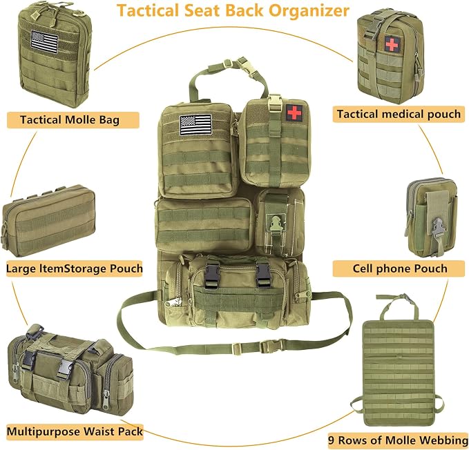 tactical car seat back organizer and storage truck seat covers with a Molle Vehicle Panel and 5 Different Size Molle Pouches for most models such as Jeep,SUV,Pickup (Army green)
