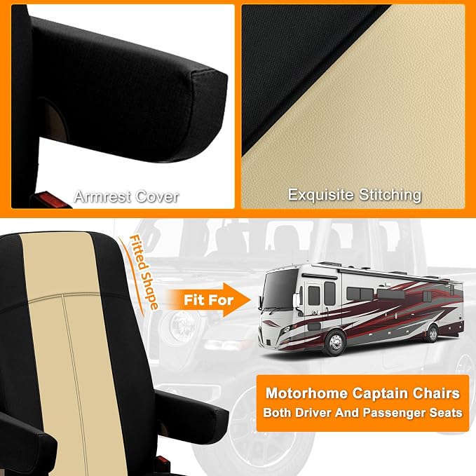 RV Seat Covers Compatible with Motorhome Captain Chairs, Driver & Passenger Leather and Neoprene Fabric Seat Covers, Black and Tan, 2pcs